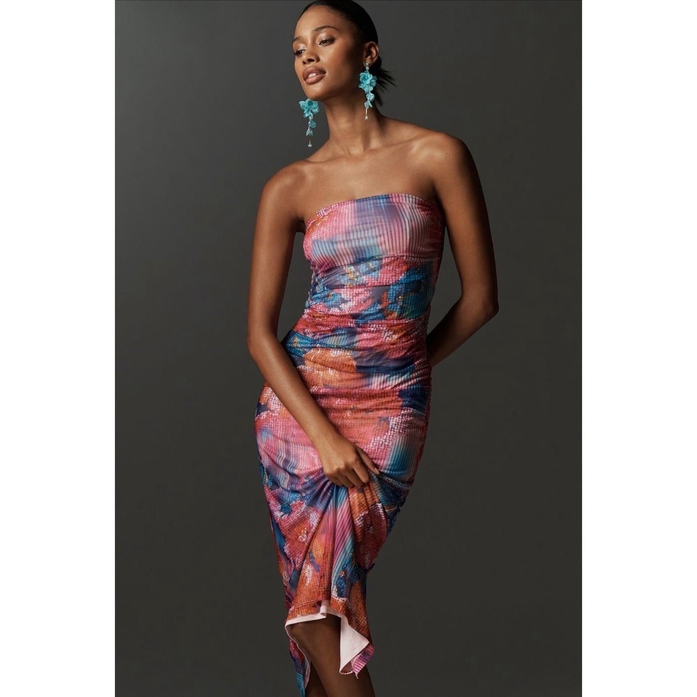 ANTHROPOLOGIE New‎ Soleil Slim Strapless Midi Dress MEDIUM Ruched Mesh Floral - Picture 7 of 9